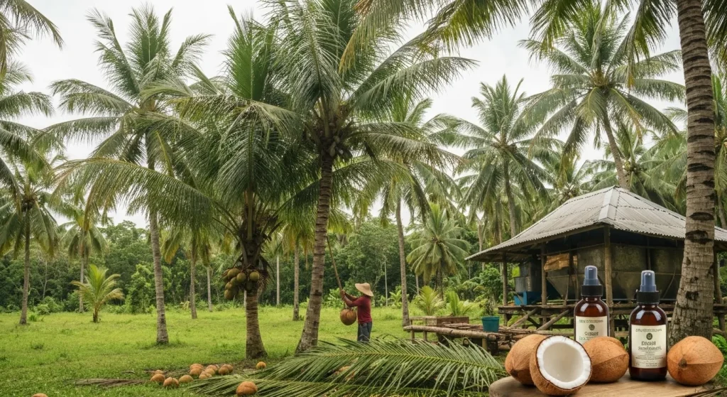 O plantație de palmieri de cocos tropicali, un lucrător culege nuci de cocos manual, și o instalație de procesare mică, tradițională.