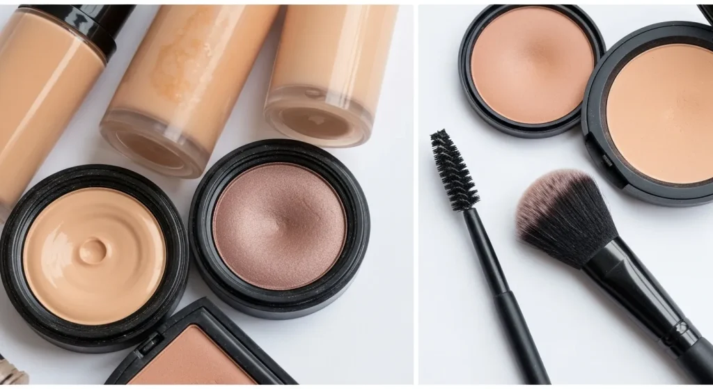 Diverse produse cosmetice, unele arătând semne de uzură, altele noi și curate, evidențiind importanța înlocuirii produselor expirate.