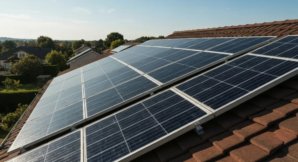 Panouri solare instalate pe un acoperiș înclinat, orientate spre soare.