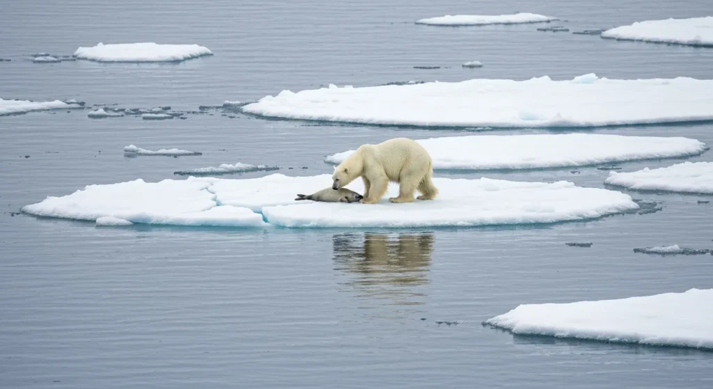 Urs polar pe o banchiză de gheață care se topește, în fundal se vede oceanul arctic.