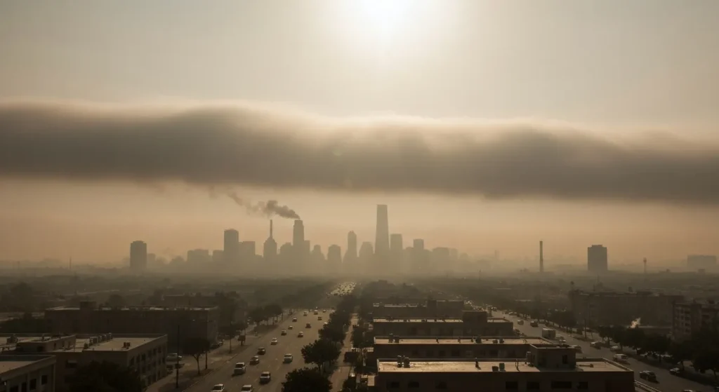 O imagine a unui oraș acoperit de un strat gros de smog brun, cu clădirile din depărtare greu vizibile.