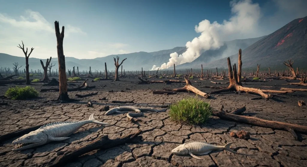 Peisaj deșertic arid, cu resturi de plante fosilizate și un cer vulcanic.