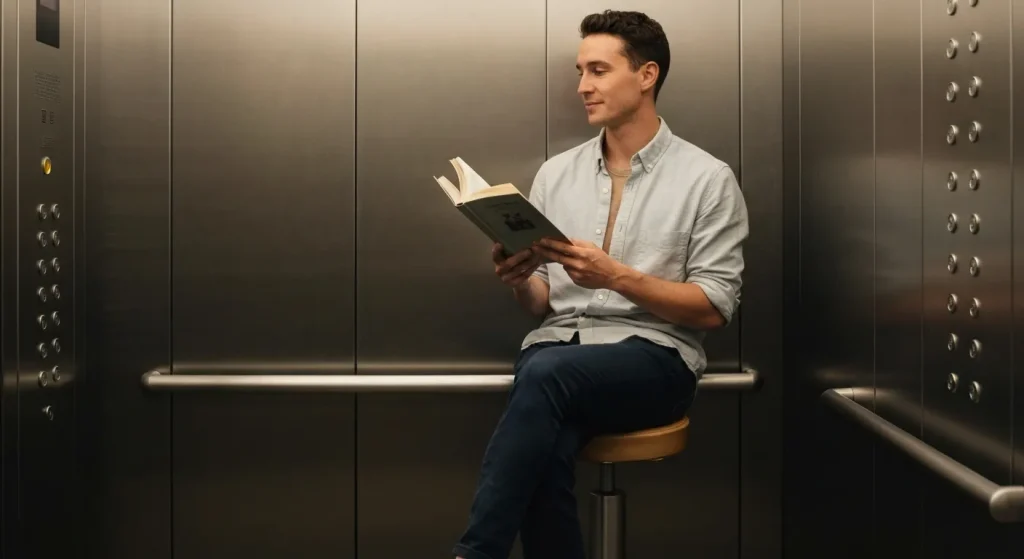 O persoană stă calmă și citește o carte într-un lift blocat.