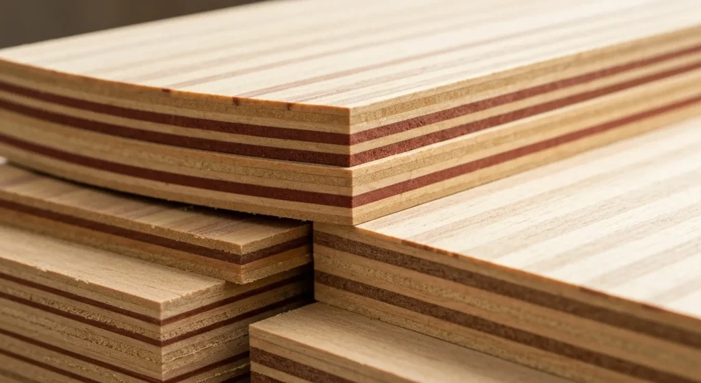 Diverse tipuri de lemn laminat (CLT, Glulam, NLT, DLT) cu straturi vizibile, evidențiind diferențele de structură și textură.