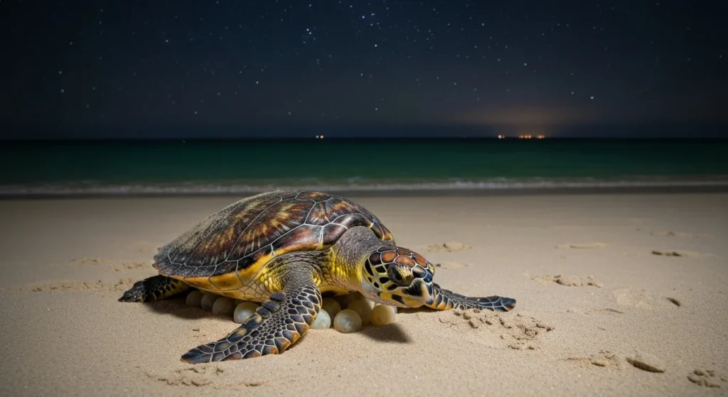 Broască țestoasă Hawksbill depunând ouă pe o plajă nisipoasă noaptea.