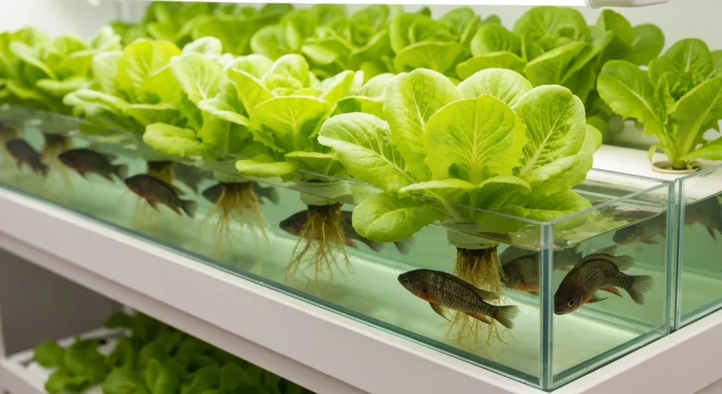 Sistem aquaponic interior cu plante verzi care cresc în apă și pești tilapii într-un rezervor transparent.