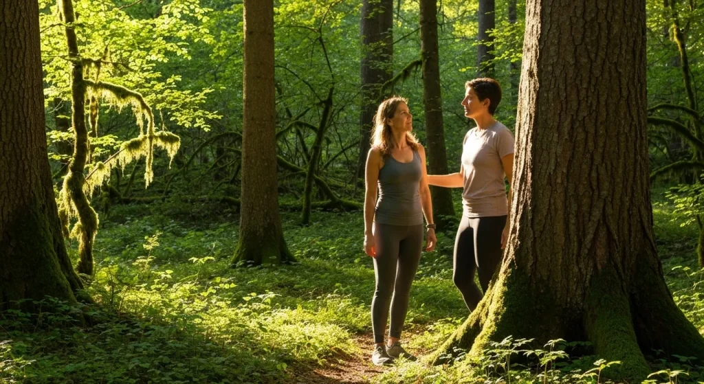 O persoană se plimbă încet printr-o pădure însorită, observând detaliile naturii din jur.