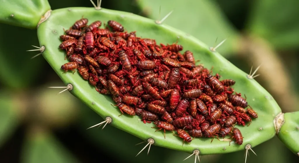 Insecte coșenilă uscate și măcinate pe un fundal de cactus opuntia.