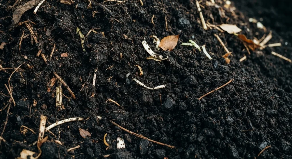 Un grămadă de compost, formată din materiale organice în descompunere, prezentând diferite stadii de degradare, de la resturi vegetale până la un compost sfărâmicios, de culoare închisă.