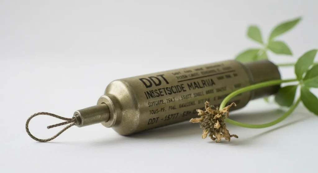 O bombă insecticidă DDT din perioada celui de-al Doilea Război Mondial, alături de o plantă ofilită.