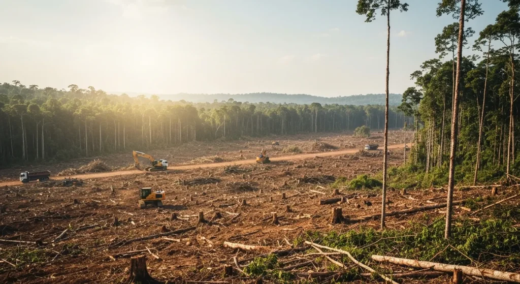 Defrișare extinsă a unei păduri tropicale, cu utilaje grele și sol gol vizibile.