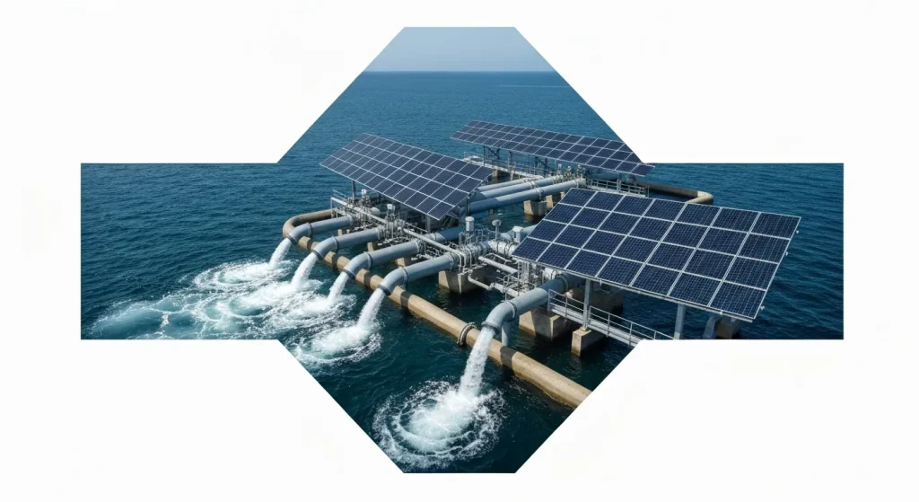 O fabrică de desalinizare pe scară largă, cu panouri solare, care prelucrează apa de mare și deversează apa sărată concentrată înapoi în ocean.
