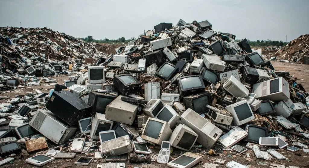 Grămezi mari de deșeuri electronice, inclusiv televizoare, calculatoare și telefoane, aruncate într-un depozit neorganizat, cu semne vizibile de coroziune și deteriorare.