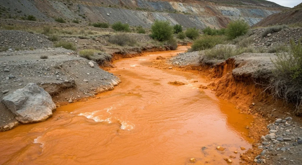 Un râu poluat cu ape acide de culoare ruginie, rezultat al drenajului acid al minelor, cu sedimente portocalii pe fundul apei.