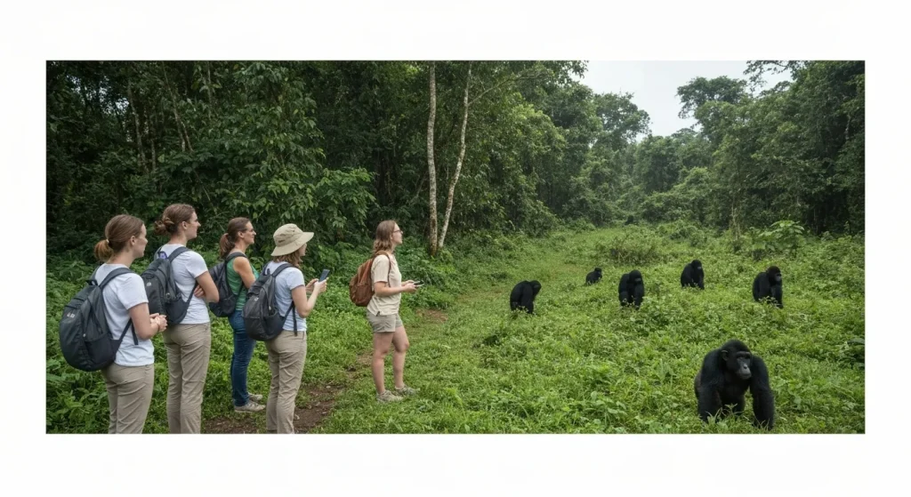 O fotografie care prezintă un grup de turiști observând animale sălbatice la distanță, într-un mediu natural protejat.