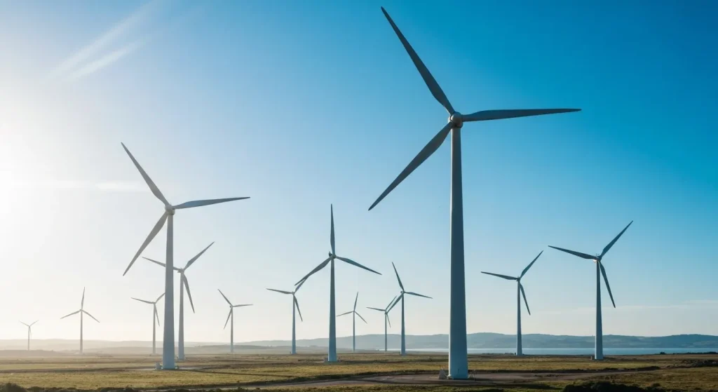Un câmp vast de turbine eoliene care generează energie electrică, cu cer senin în fundal.