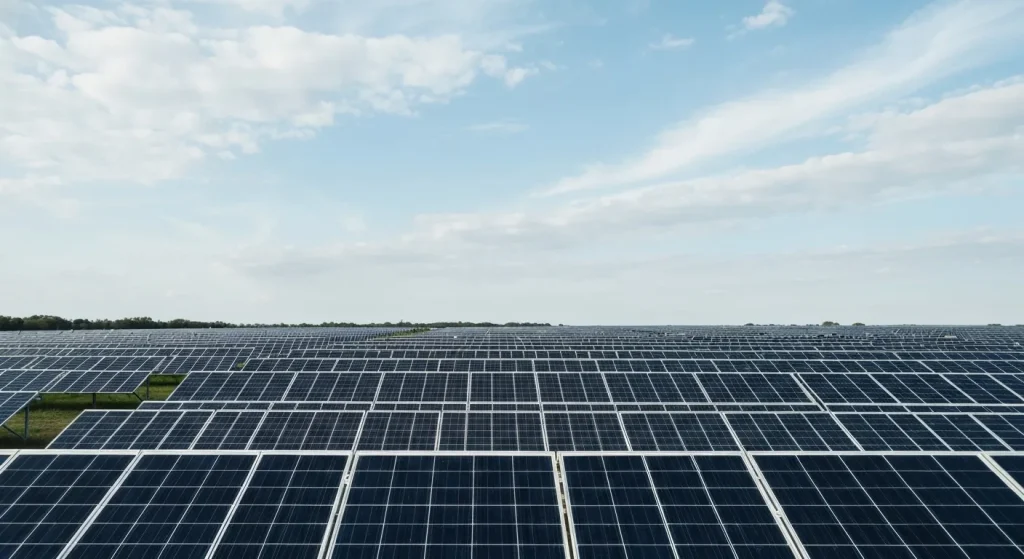Un parc solar comunitar amplasat pe un teren neutilizat, cu panouri solare generând energie distribuită mai multor participanți.