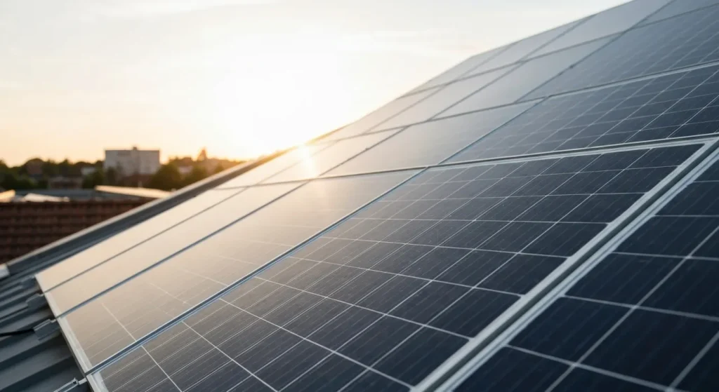 Panouri solare fotovoltaice montate pe un acoperiș, transformând lumina soarelui în energie electrică.