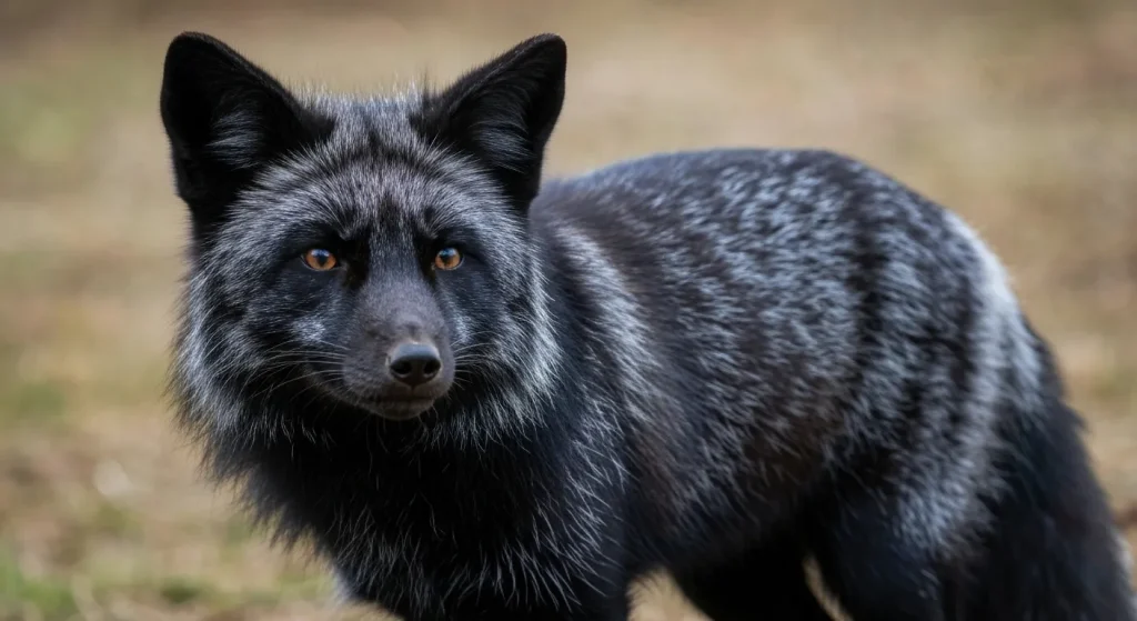 O vulpe argintie, cu blană neagră cu vârfuri argintii, într-un peisaj natural.