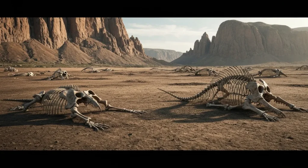 Peisaj arid cu rămășițe fosilizate de animale preistorice.
