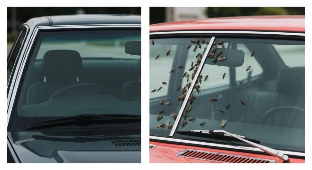 Un parbriz curat al unei mașini, contrastând cu imaginea unui parbriz acoperit cu insecte zdrobite.