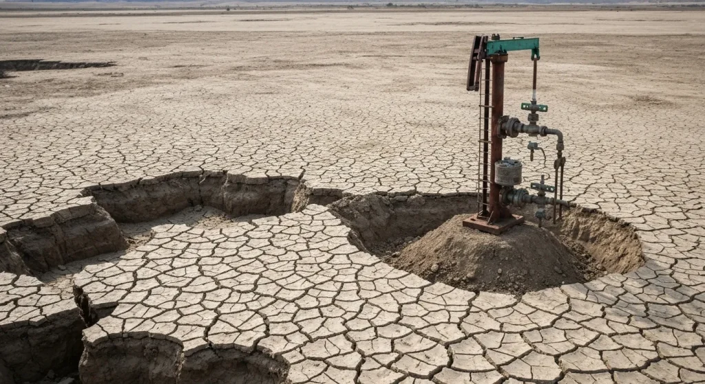 O imagine a unui puț de petrol cu țevi și echipamente de foraj, cu un peisaj arid în jur.