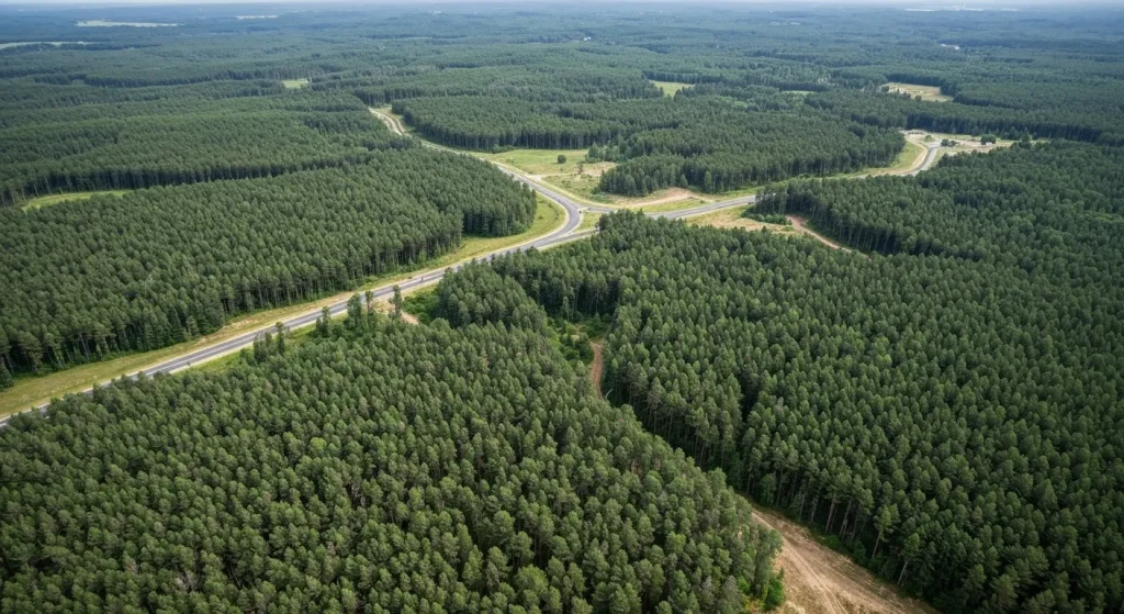 O pădure fragmentată în secțiuni mici, izolate, cu drumuri și zone construite între ele.