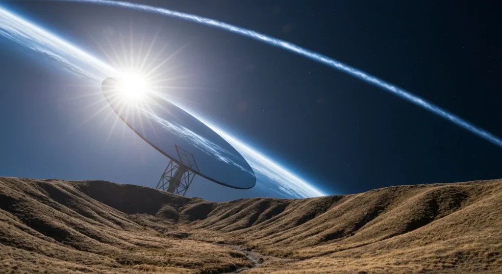 O imagine ilustrând o oglindă gigantică în spațiu, reflectând lumina solară.