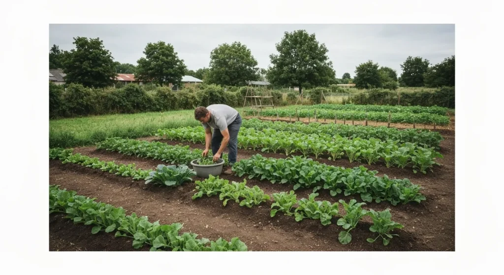 O persoană lucrează pe o mică fermă, cultivând legume și poate generând energie regenerabilă.