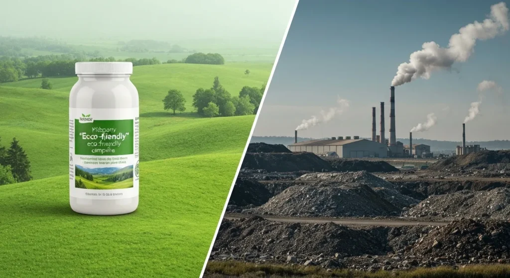Imagine contrastând o reclamă cu un produs ecologic cu efectele dăunătoare reale ale producției sale.