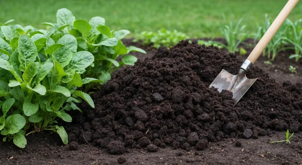 Compost negru, sfărâmicios, din gunoi de grajd, lângă plante verzi sănătoase, într-o grădină.