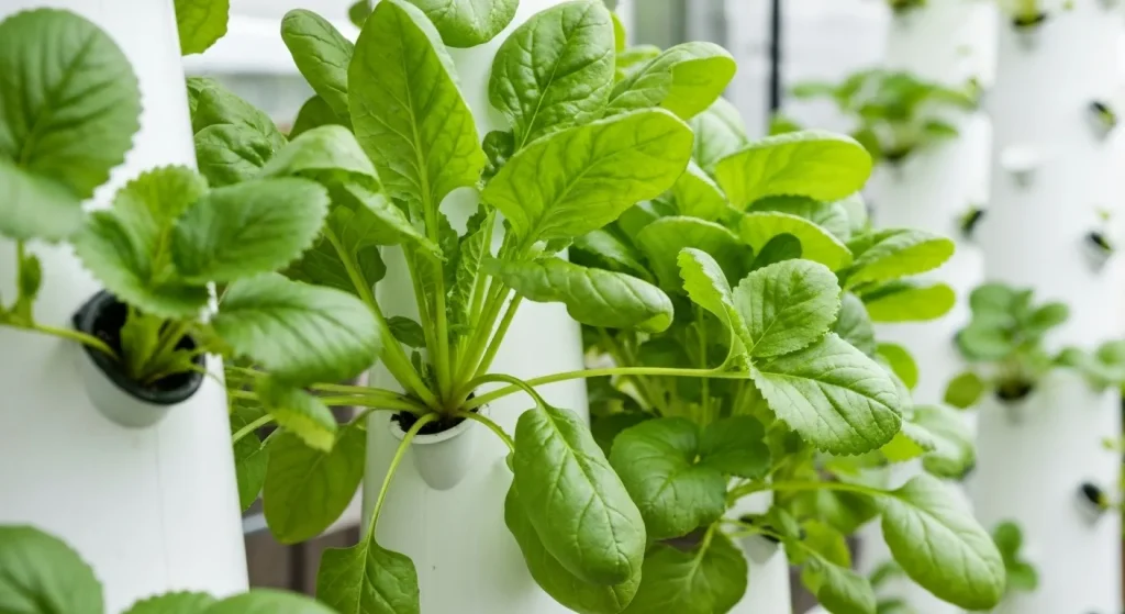Un sistem hidroponic vertical cu plante verzi care cresc în recipiente fără pământ.