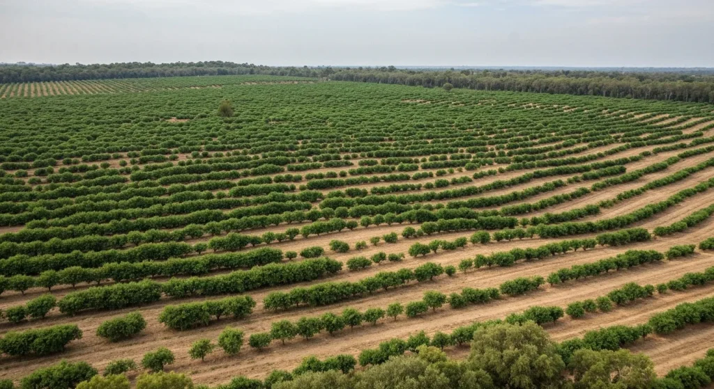 Un peisaj arid transformat într-o pădure densă, cu rânduri de copaci plantați pe o suprafață mare.