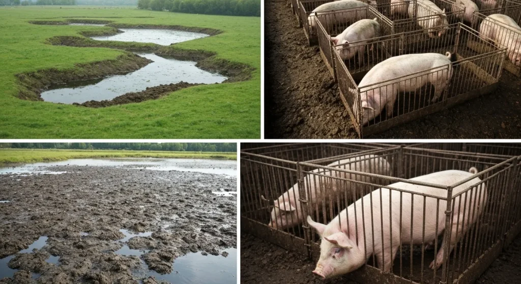 Porci înghesuiți într-un adăpost industrial, cu condiții insalubre.