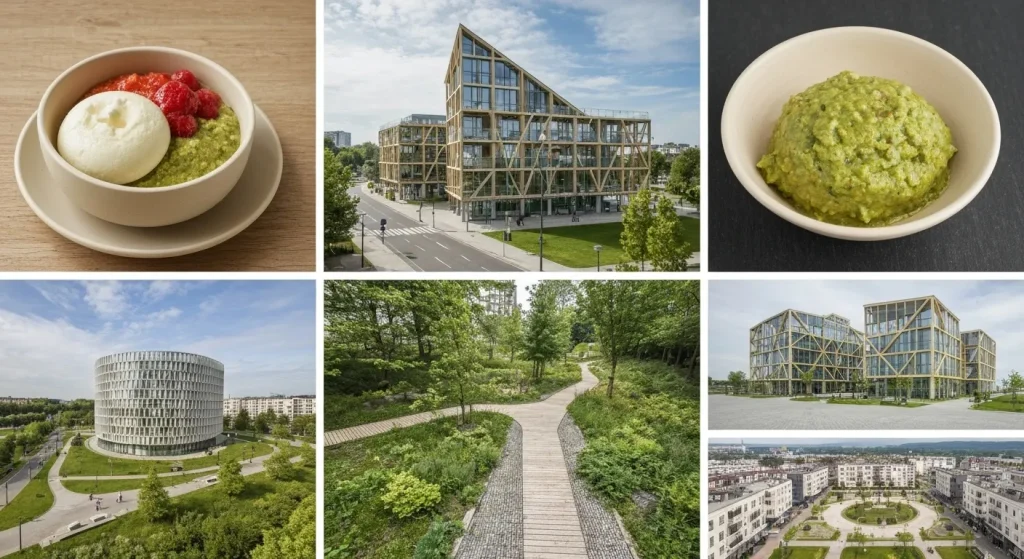 O imagine a unui oraș sustenabil, cu clădiri ecologice și spații verzi.