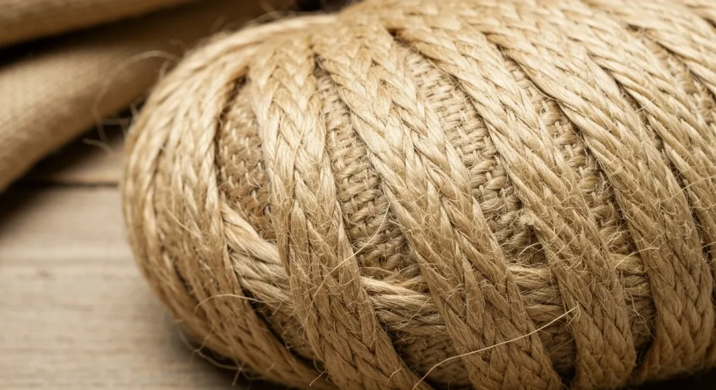 Fibre lungi, lucioase de iută, înfășurate în mănunchiuri, pe fundal de plante de iută.