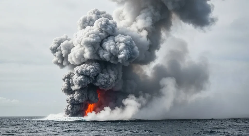 Un nor dens de abur, cenușă vulcanică și acid clorhidric se ridică deasupra locului unde lava intră în ocean.