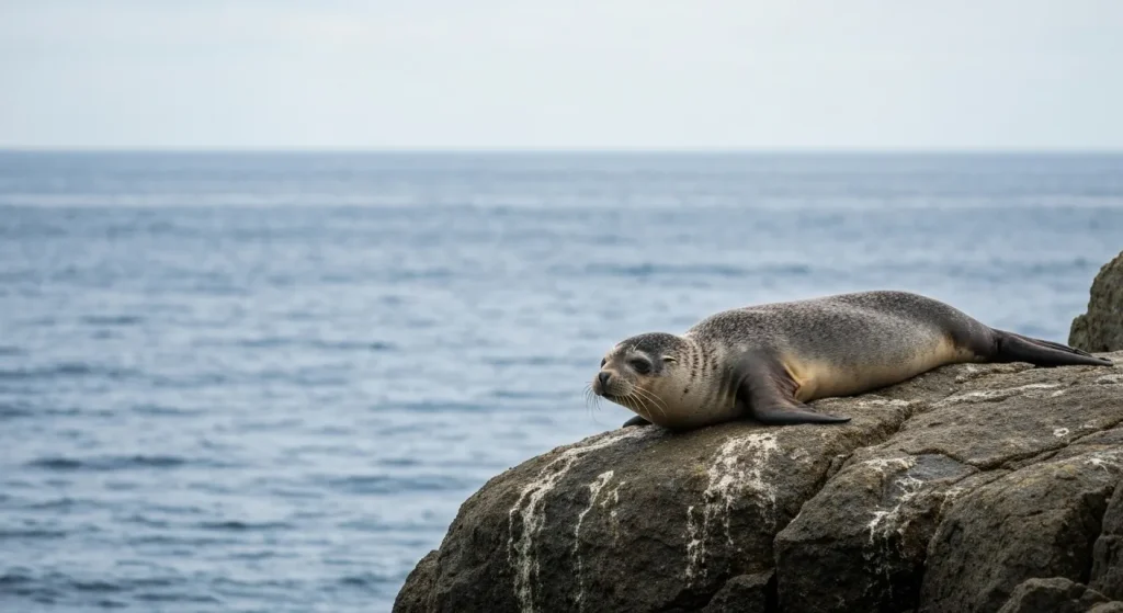 O fotografie care prezintă o focă de blană pe o stâncă, cu oceanul în fundal.