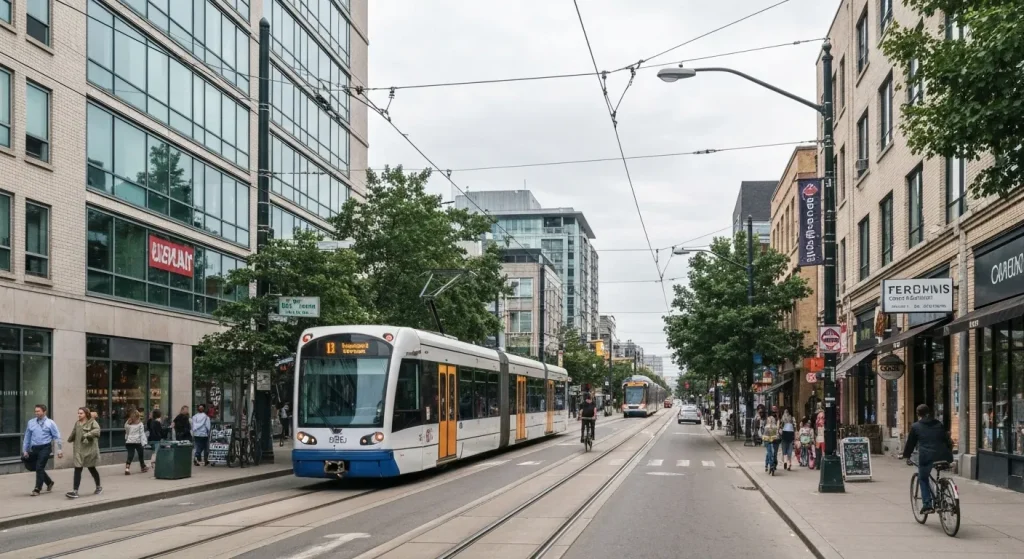 O imagine comparativă a unui sistem de transport rapid ușor (LRT) modern, integrat în viața urbană, alături de un sistem de metrou subteran.