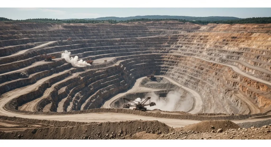 O mină în carieră deschisă vastă, cu excavatoare mari și terase, ce prezintă atât amploarea operațiunii, cât și efectele asupra peisajului.