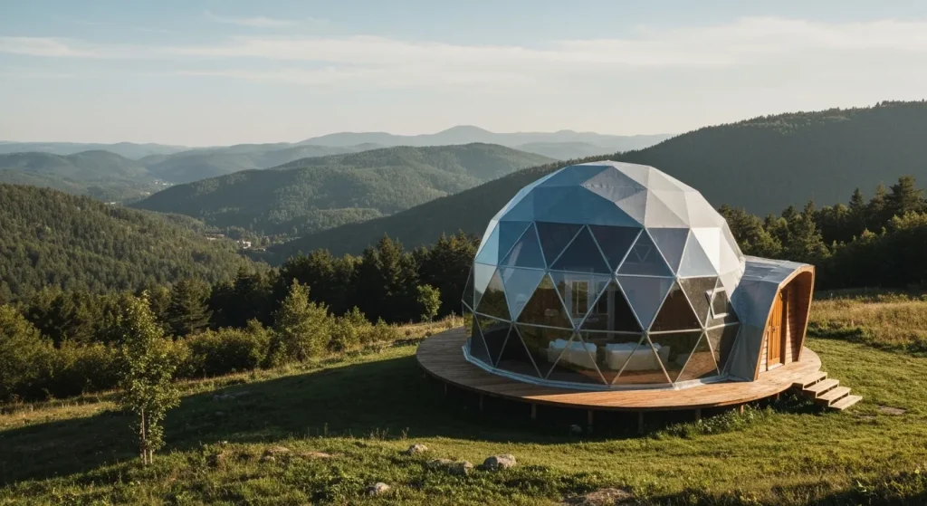 O casă cu cupolă geodezică, construită din triunghiuri interconectate, se înalță pe un peisaj.
