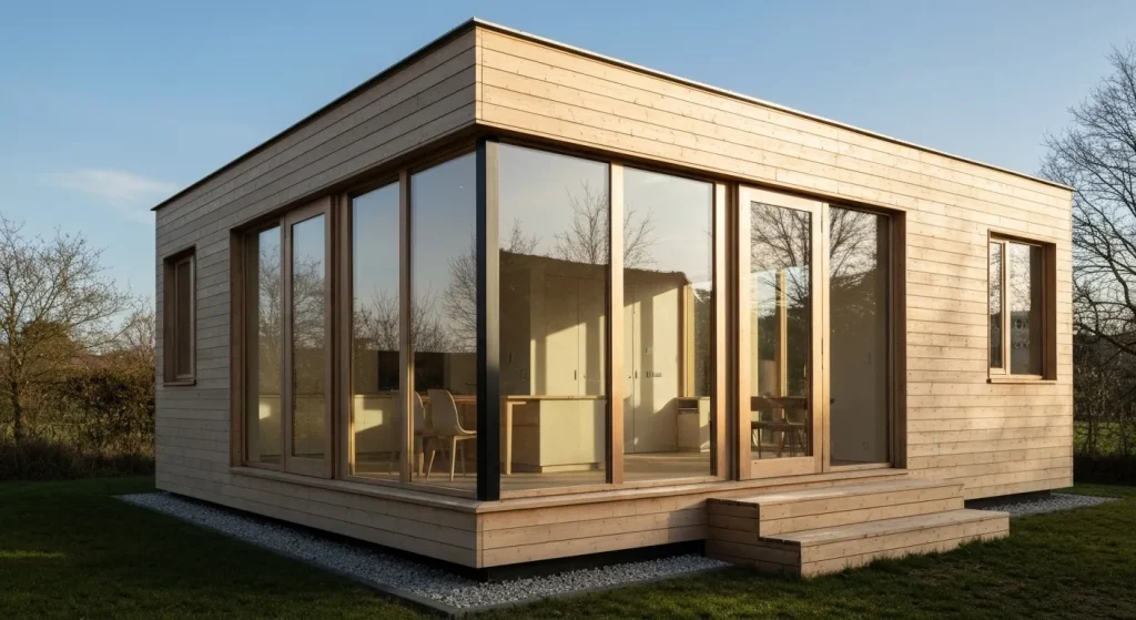 O casă modernă, cu design pătrat, care pare spațioasă și luminoasă.
