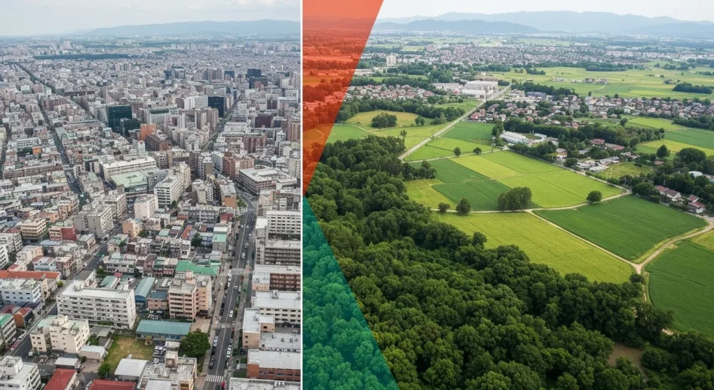 O comparație între o zonă urbană cu clădiri înalte și suprafețe asfaltate și o zonă rurală verde cu copaci.