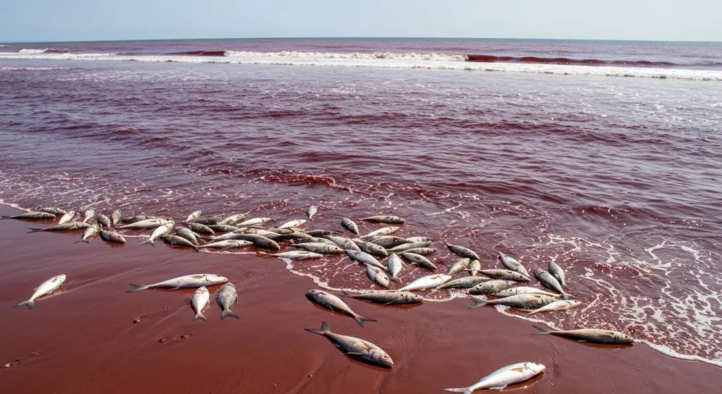 Apă oceanică roșiatică, cu pești morți la suprafață și un mal nisipos în fundal.