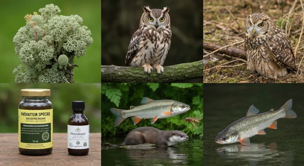 Imaginea prezintă diverse specii indicatoare, cum ar fi licheni, bufnițe pătate, coșenile de râu și somon, ilustrând rolul lor în monitorizarea sănătății ecosistemelor.