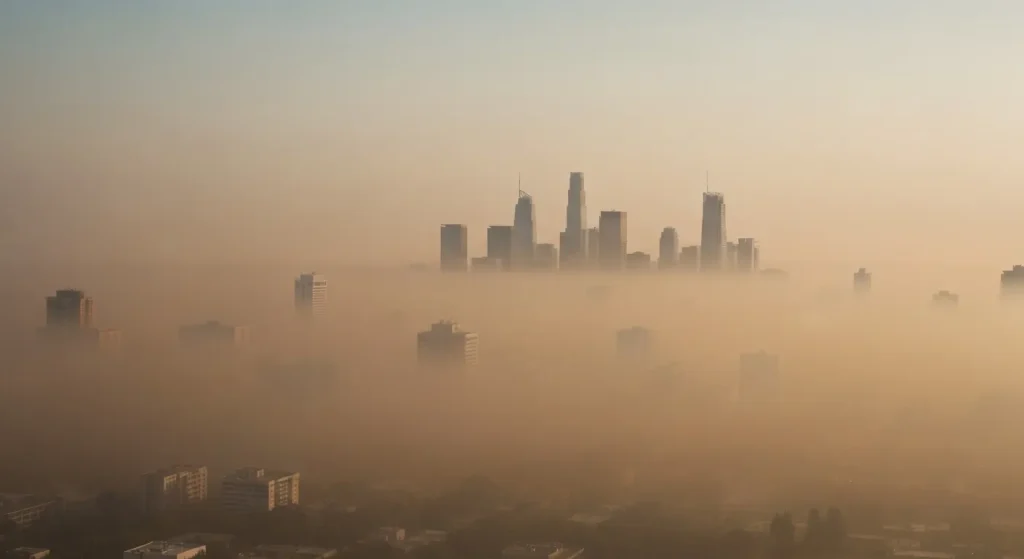 Un strat gros de smog brun-portocaliu se așterne deasupra unui oraș, acoperind clădirile.