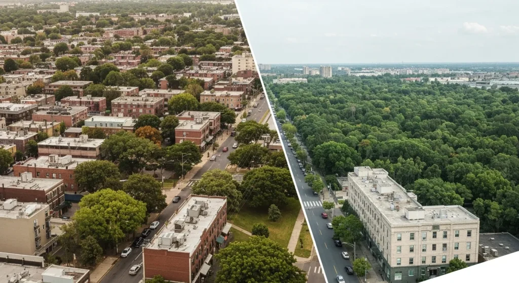 O zonă urbană degradată, cu puțină vegetație, în contrast cu o zonă verde, bogată.