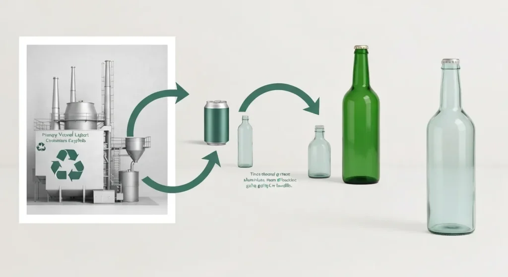 Un ciclu circular care ilustrează procesul de reciclare în circuit închis, cu colectarea, prelucrarea și fabricarea de noi produse din materiale reciclate.