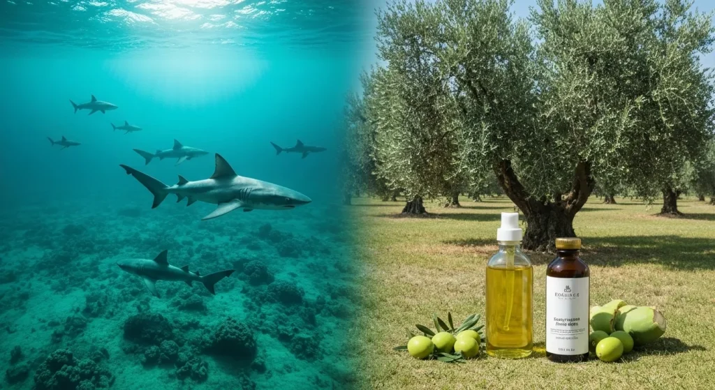 Un rechin de mare adâncime în mediul său natural, alături de o ramură de măslin plină cu măsline coapte.