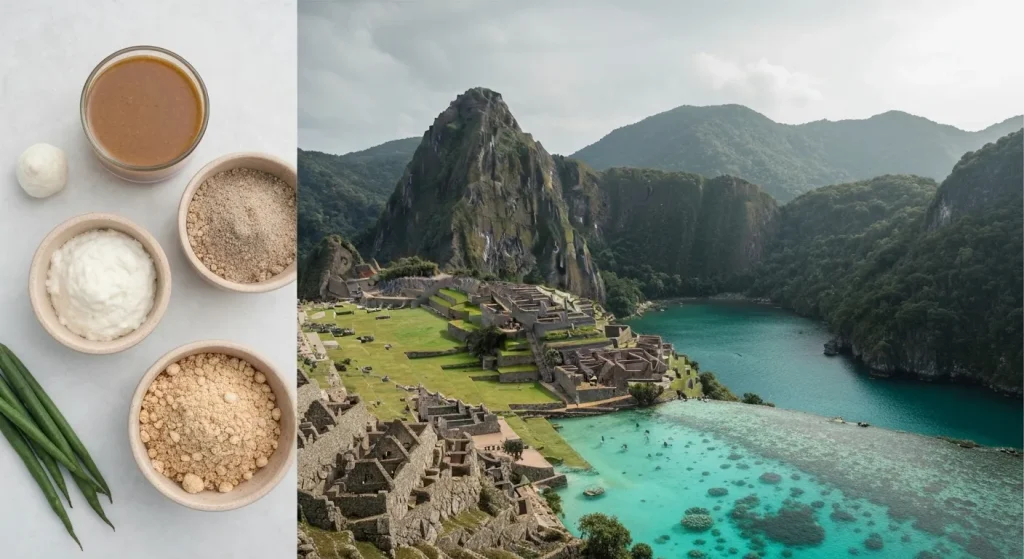 Imagini care ilustrează efectele negative ale supraturismului asupra unor obiective turistice celebre, cum ar fi Machu Picchu, Golful Maya sau Veneția.